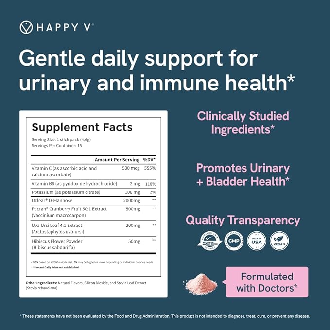 Happy V D-Mannose + Cranberry Stick Packs | Dr Formulated Urinary Tract Support Supplement | D Mannose Supplements for Women - Bladder Support - Promotes Urinary Comfort - 15 Stick Packs