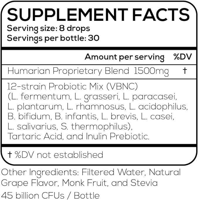 Probonix Humarian Liquid Probiotics for Women - 12-Strain Probiotic Drops to Fortify Women’s Gut Health, Vaginal Health, Immunity and Overall Wellness - 30-Day Supply - Delicious Grape Flavor