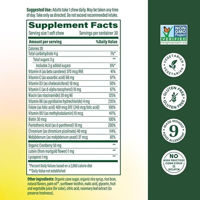 MegaFood Multivitamin for Women, One Daily Multivitamins, Soft Chews with Folate, Methylated B12, Vitamin B6, Biotin, Vitamin D3, C & A - Mixed Berry Flavor - Vegetarian, Non-GMO - 30 Chews, 2 Pack