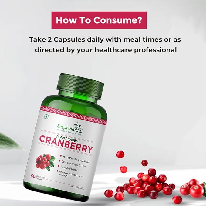 Simply Herbal D Mannose Cranberry Capsules 800 MG Supplement with Powerful Probiotics & Anti-oxidants Promotes Urinary Tract Health, Strong Bones & Teeth for Women & Men (60 Capsules)