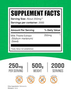 BulkSupplements.com Milk Thistle Extract Powder - Herbal Supplement, Milk Thistle Supplement - Gluten Free, 250mg per Serving, 500g (1.1 lbs) (Pack of 1)