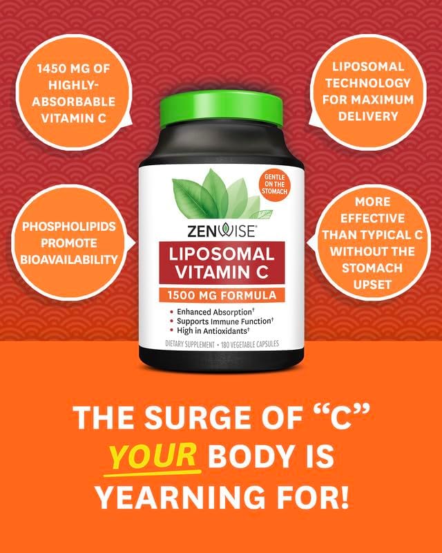 Zenwise Health Enhanced Absorption Liposomal Vitamin C Supplement - 1500mg Liposomal VIT C for Immune Support, Antioxidant & Natural Energy Boost - Organic & Gluten Free - Unflavored, 180 Capsules