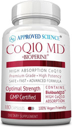 Approved Science® CoQ10 MD - Extra Strength Pure CoQ10 300mg with BioPerine® for Faster Absorption - Optimal Support Supplement - Vegan - 3 Month Supply