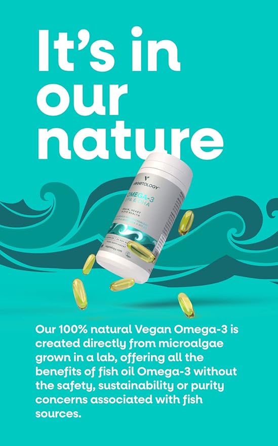 VEGETOLOGY Vegan Omega 3 Supplement – EPA, DHA Supplements & Vitamin D3 – Algae Omega 3 Vegan Supplements for Brain, Eye & Heart Health – for Kids & Adults (180 Capsules)