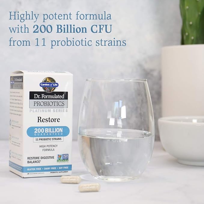 Garden of Life Dr. Formulated Probiotics Platinum Series Restore 200 Billion CFU Guaranteed, High Potency Probiotic Formula, Vegan, Non-GMO, Gluten Dairy Free Digestive Immune Support, 28 Capsules