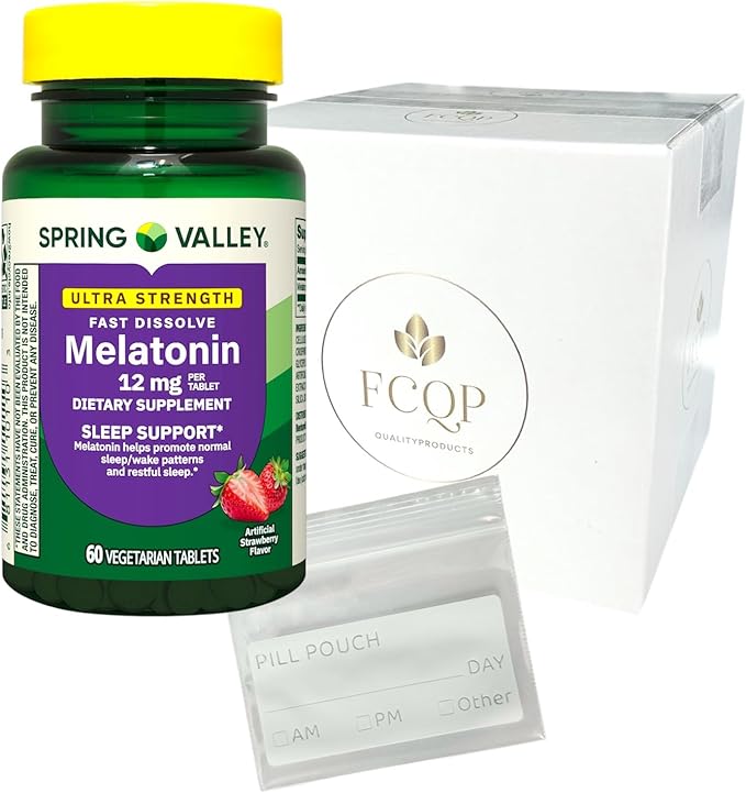 Spring Valley Melatonin Sleep Support Tablets, Ultra Strength 12 mg, Fast-Dissolve, 60 Count Included is a Pill Pouch and a Sticker