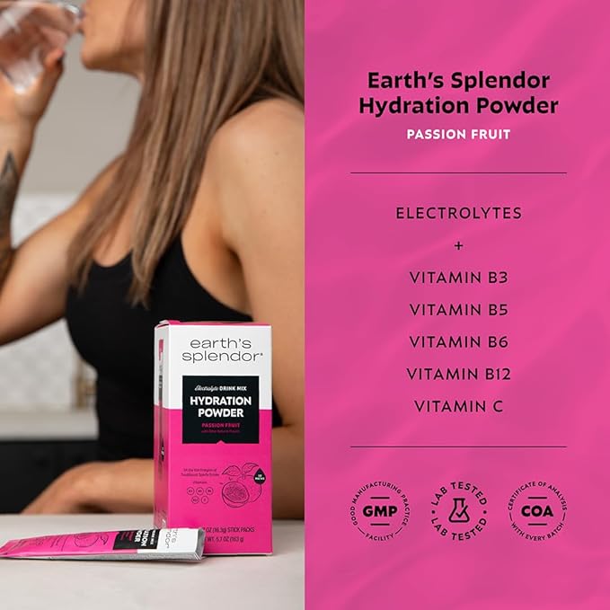 Earth’s Splendor Electrolytes Powder Packets Passion Fruit Hydration Drink Mix Sticks with Essential Vitamins for Energy & Sports Performance Travel-Friendly Single-Serve Packets for Daily Use 10 Pack