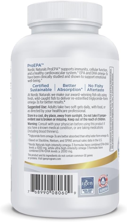 Nordic Naturals ProEPA, Lemon - 120 Soft Gels - 1210 mg Omega-3 - High-Intensity EPA Formula for Healthy Mood, Heart Health & Cellular Function - Non-GMO - 60 Servings