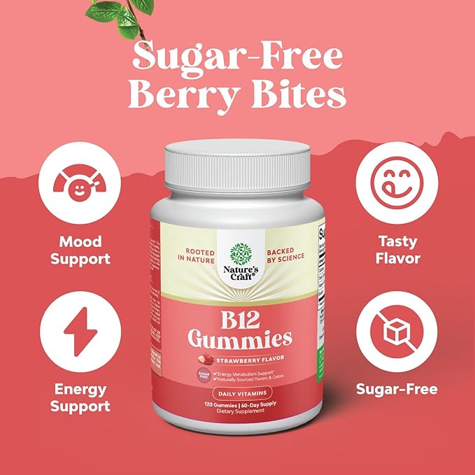 Vitamin B12 Gummies for Adults - Sugar Free Vitamin B12 1000 mcg Chewable Gums for Energy & Mood Support Immune & Nerves Health - Kosher Non-GMO & Gluten Free Supplement for Women & Men - 120 Count