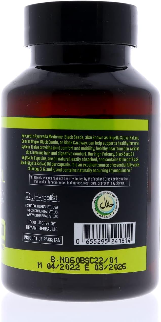 Dr. HERBALIST Black Seed Oil Capsules 1600mg - Cold Pressed Nigella Sativa Softgels with Thymoquinone | Supports Overall Wellness & Immune Vitality* | Halal, Non-GMO | 60ct