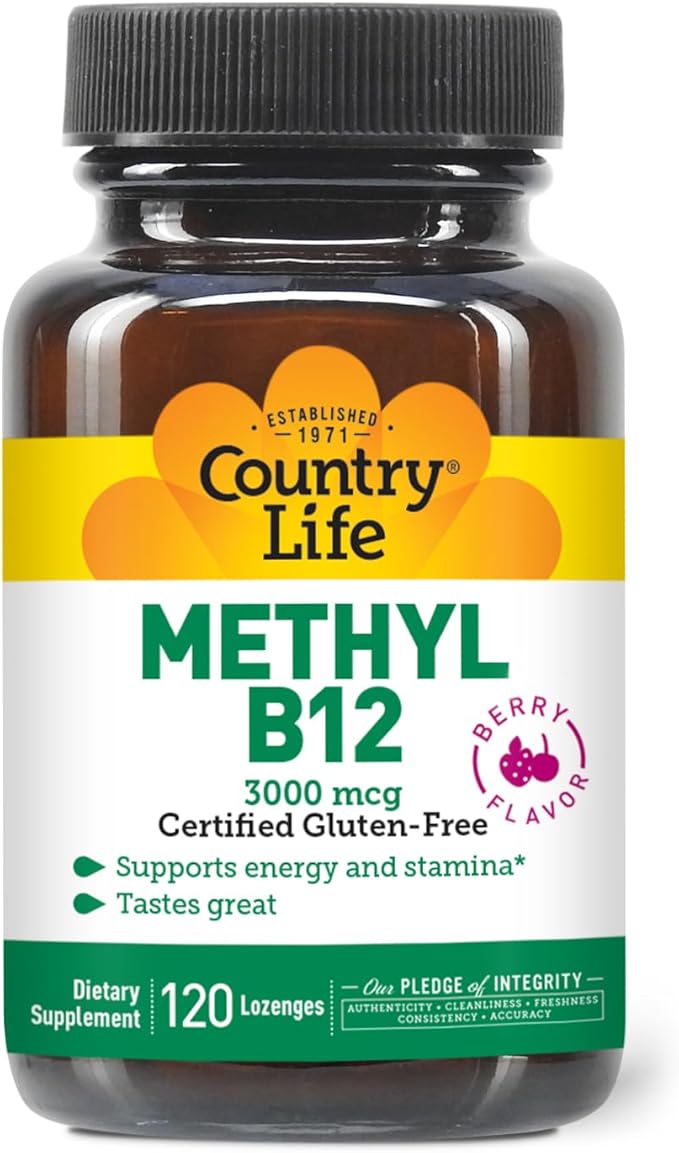 Country Life Methyl B12, 3000 mcg Lozenges, Supports Energy & Stamina, Metabolism & Red Blood Cell Production, Berry Flavor, 120 Vegan Lozenges, Certified Gluten Free & Halal