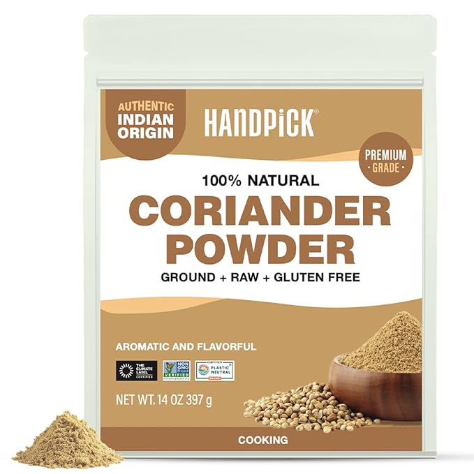 HANDPICK Coriander Powder (14oz) 100% Natural Ground Coriander | Premium Quality and High Value | Non-GMO, Gluten Free, Sourced from India | No Adulterations | Packed in Resealable Ziplock Pouch