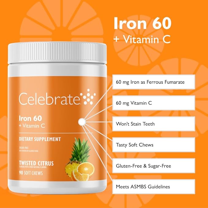 Celebrate Vitamins Iron Supplement with 60mg Iron & Vitamin C – Citrus Chewables for Bariatric Patients, Gastric Bypass & Sleeve Gastrectomy Support – 30 Tablets for Post-Surgery Health Maintenance