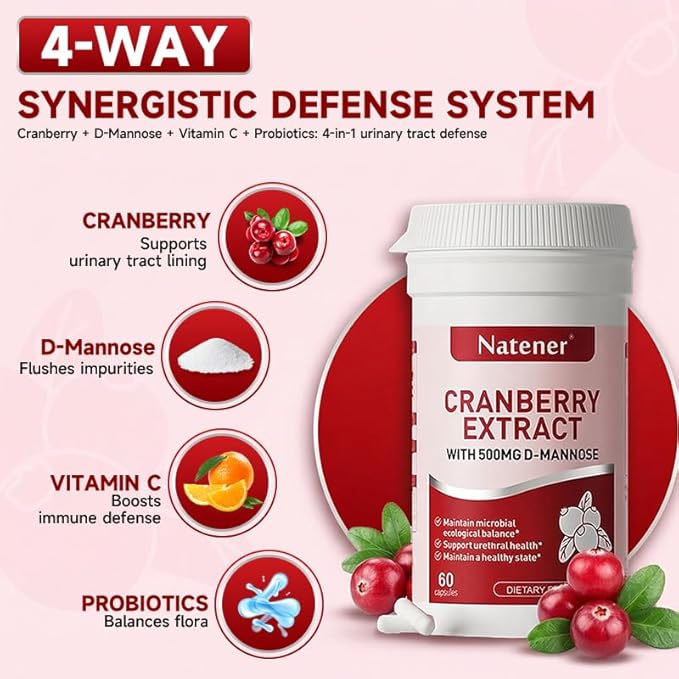 600mg Cranberry Supplement with 500mg D-Mannose, Support Normal Urinary Tract Health for Women*, Help Cleanse and Protect the Urinary Tract*, Maintain Intimate Microbial Ecological Balance*