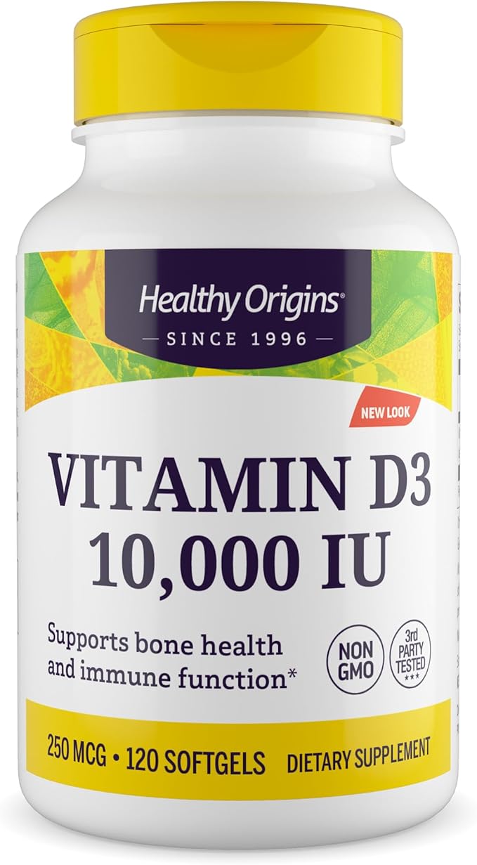 Healthy Origins Vitamin D3 10,000 IU (250mcg), 120 Liquid Softgels - Supports Strong Bones, Healthy Teeth & Immune System Function - Non-GMO, Gluten-Free & Soy-Free