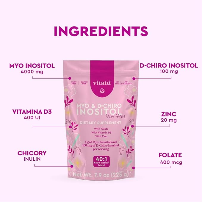 | Myo Inositol (4g) & D-Chiro Inositol (1g) Ideal Mix 40:1 | Duration 45 Days | with Folic Acid + Vitamin D3 + Zinc, Powdered Dietary Supplement for Women (225 g)