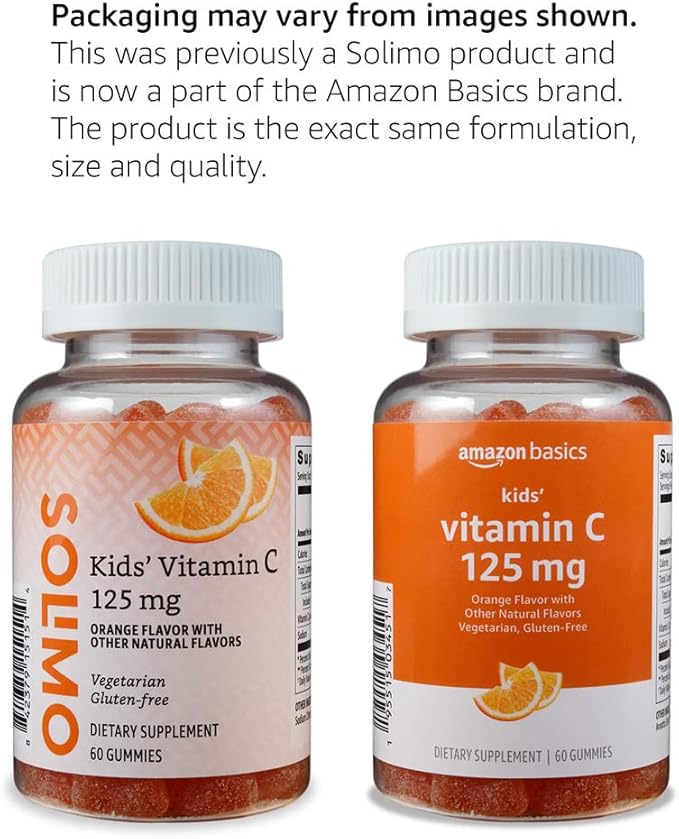 Amazon Basics Kids' Vitamin C 125mg Gummies, Orange, Immune Health, 2 Month Supply (Previously Solimo) 60 Count (Pack of 2)