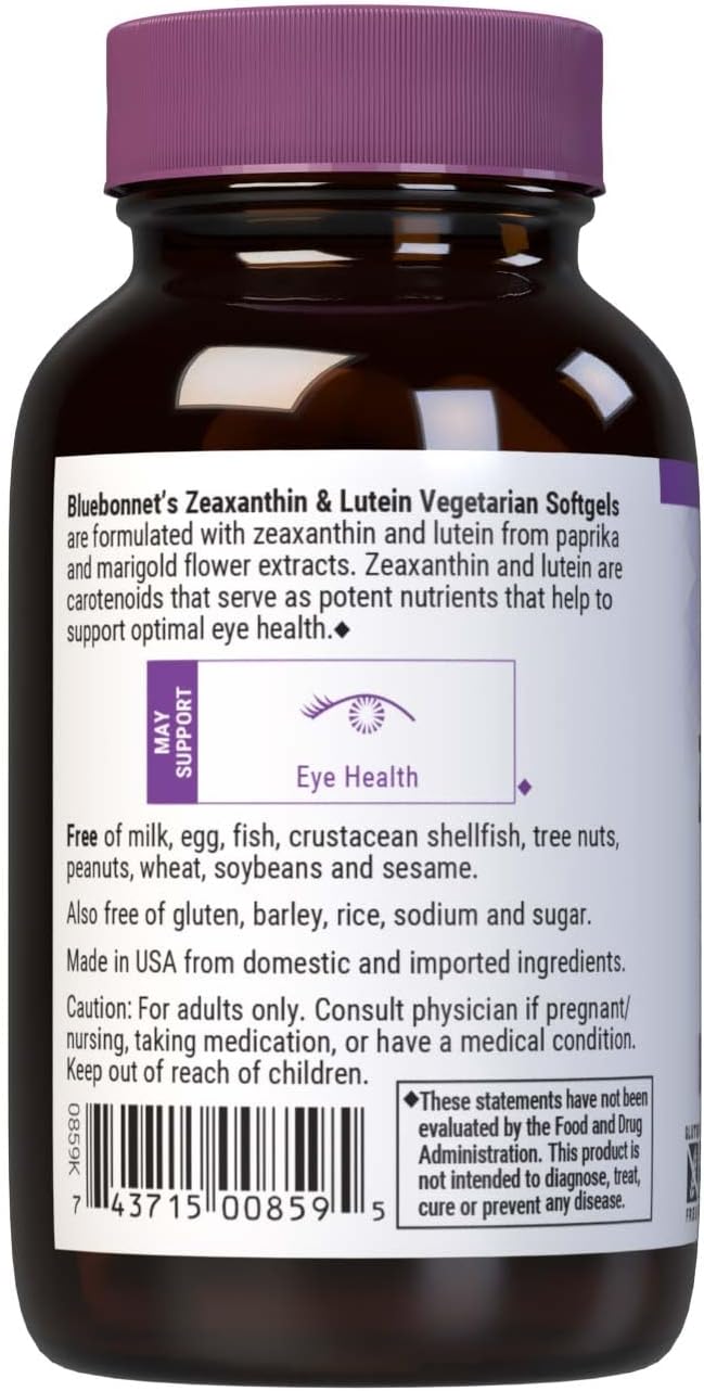 Bluebonnet Nutrition Zeaxanthin & Lutein, Eye Health*, Gluten-Free, Dairy-Free, 60 Vegetarian Softgels, 60 Servings