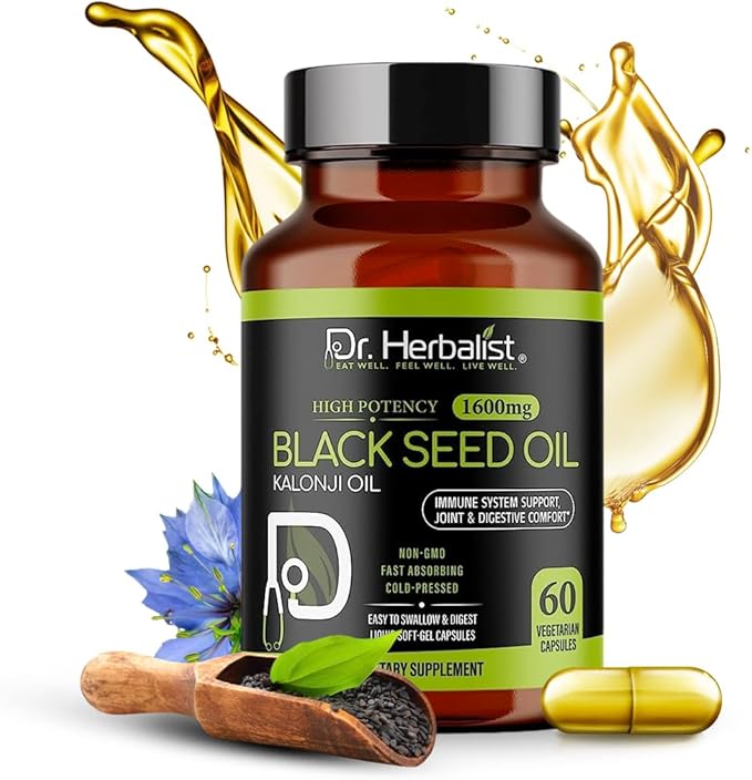 Dr. HERBALIST Black Seed Oil Capsules 1600mg - Cold Pressed Nigella Sativa Softgels with Thymoquinone | Supports Overall Wellness & Immune Vitality* | Halal, Non-GMO | 60ct