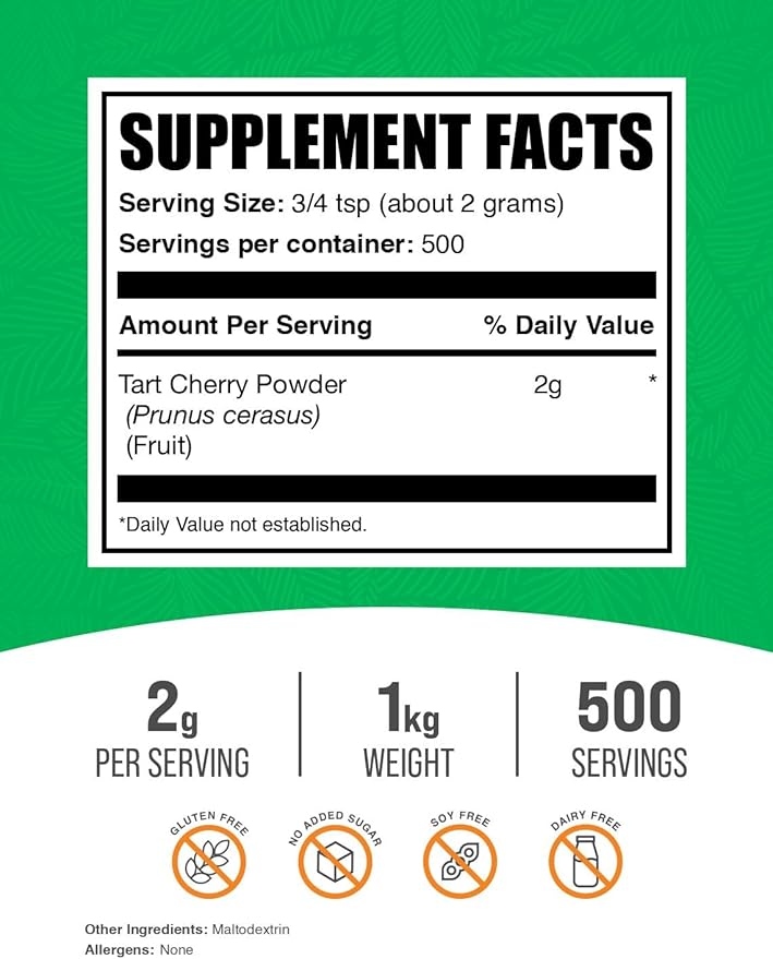 BulkSupplements.com Tart Cherry Powder - Fruit Powder, Tart Cherry Supplements - Antioxidant Source, Gluten Free & No Added Sugar, 2g per Serving, 1kg (2.2 lbs) (Pack of 1)