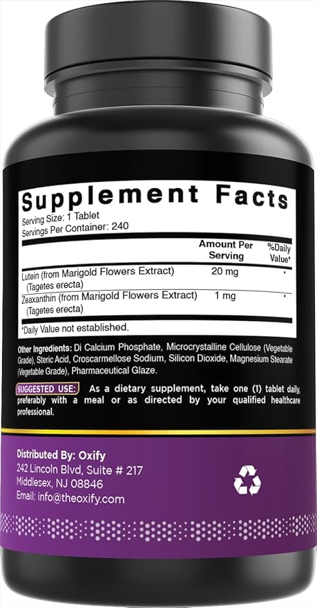 Oxify Lutein 20 mg | 240 Tablets | Gluten-Free, Non-GMO | Supplement Made in USA