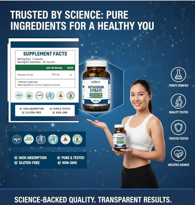 Wellotrix Potassium Citrate 1600 mg – 120 Vegan Capsules – Electrolyte Balance, Kidney Support, Urinary pH Health – Non-GMO, Gluten-Free, Made in USA – Vegan Formula