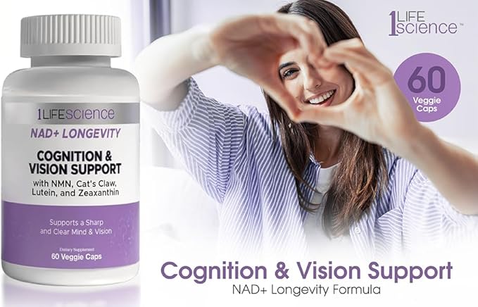 1LifeScience Cognition & Vision Support Supplement – NMN, Lion’s Mane, Cat’s Claw, Apigenin, PQQ & Lutein – NAD+ Support Formula – cGMP Made in USA – 60 Caps