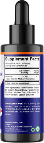 Vitamatic Melatonin 20mg Liquid Drops – 2 Fluid Ounce (59ml) – Natural Berry Flavor – for Adults – Non-GMO – Vegetarian Supplement