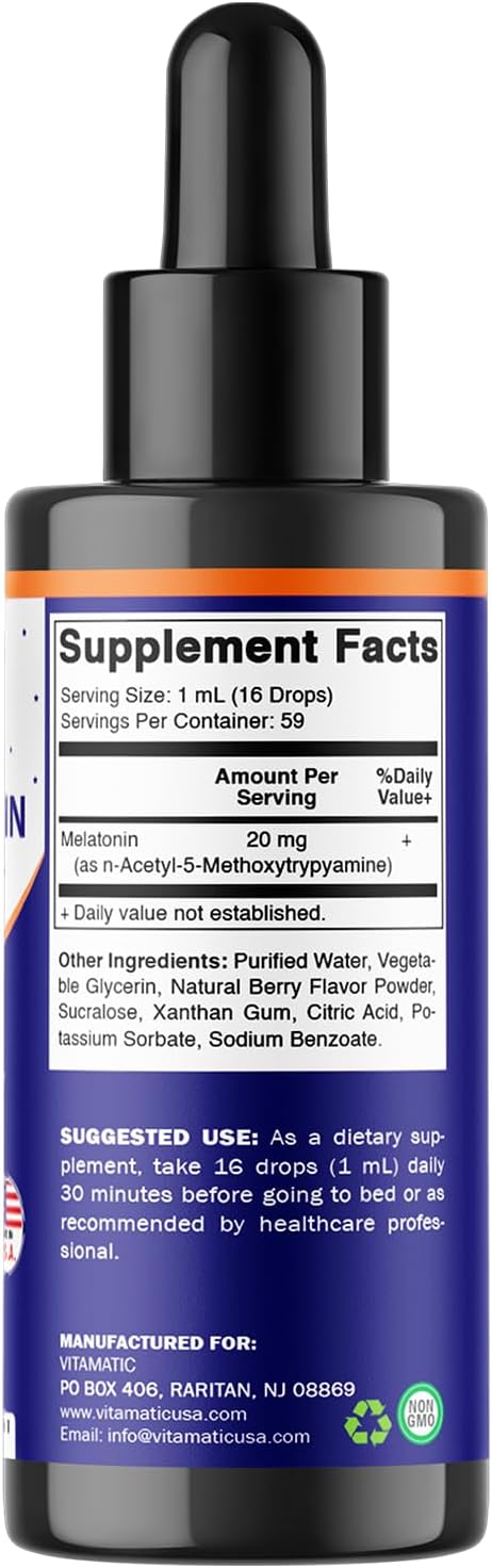 Vitamatic Melatonin 20mg Liquid Drops – 2 Fluid Ounce (59ml) – Natural Berry Flavor – for Adults – Non-GMO – Vegetarian Supplement