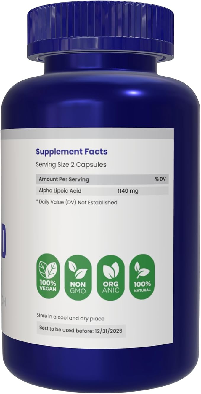 Alpha Lipoic Acid (ALA) 570 mg Capsules - 180 Count, Gluten Free, Non-GMO, Vegan