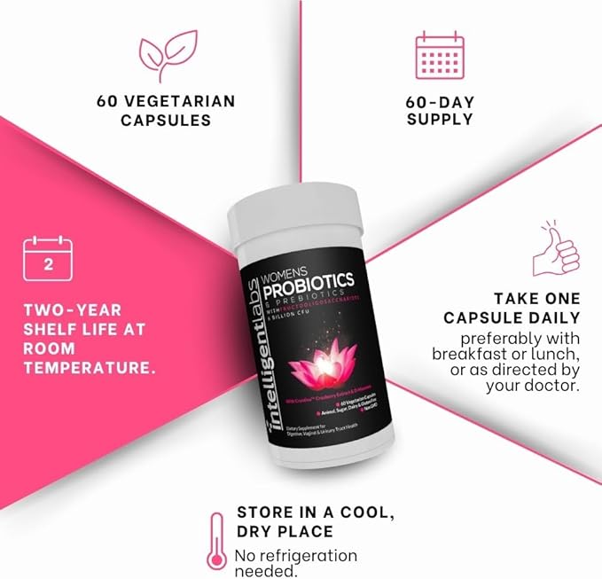 Intelligent Labs Women's Probiotics Formula with Cranberry Extract, D-Mannose and Prebiotics All in one, 6 Billion CFU Probiotic, One Capsule a Day, 60-Day Supply, Third-Party Verified for Purity