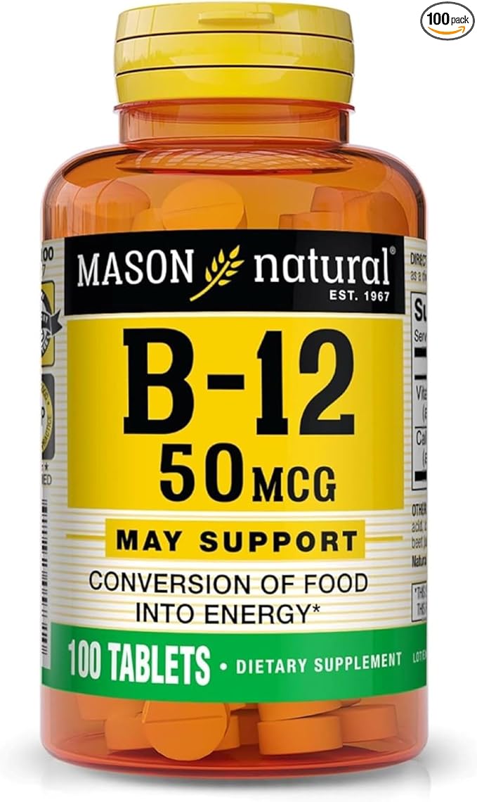 Mason Natural Vitamin B12 50 mcg with Calcium, 100,Day Supply, Dietary Supplement to Support Natural Energy Levels, 100 Tablets (Pack of 1)