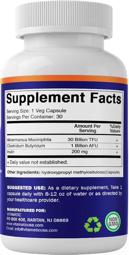 Vitamatic Akkermansia Muciniphila 30 Billion TFU + Clostridium Butyricum + Prebiotic Inulin - GLP-1 Probiotic - 30 Vegan Capsules - 30 Servings