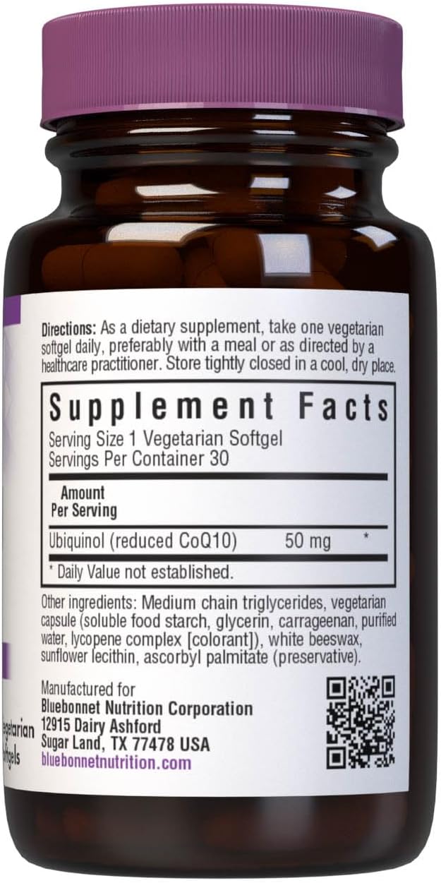 Bluebonnet Nutrition Cellular Active CoQ10 Ubiquinol 50 mg Vegetarian Softgels, Heart Health & Cellular Health, Ubiquinol from Kaneka, Non GMO, Gluten Free, Soy Free, Milk Free, 30 Vegetarian Softgels