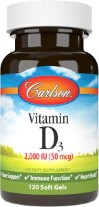 Carlson - Vitamin D3, 2000 IU (50 mcg), Immune Support, Bone Health, Muscle Health, Cholecalciferol, Vitamin D Supplements, Vitamin D3 Soft Gels, 120 Softgels
