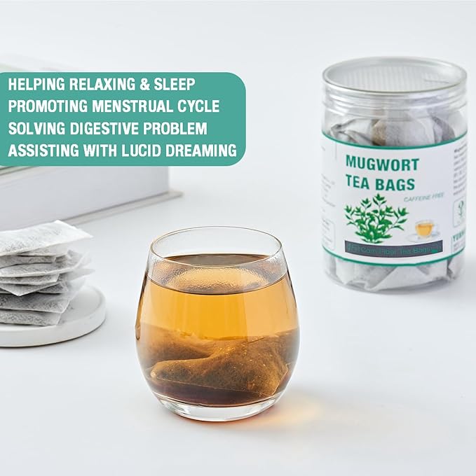 50 Mugwort Tea Bags | Natural Dried Chinese Mugwort Herb Tea | Artemisia Wormwood Tea | Caffeine Free, Help Sleep, Lucid Dreaming, Relax, Digestion