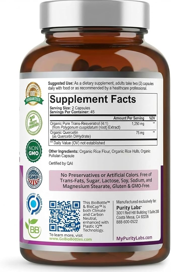 Purity Labs Trans-Resveratrol Supplement 5,000 mg Equivalent per Serving with Quercetin, USDA Organic High Potency Antioxidant, Vegan Capsules, 90 Count