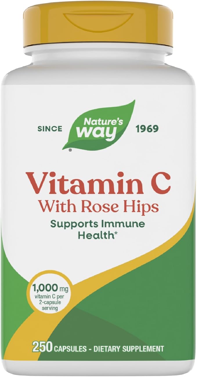 Nature's Way Vitamin C with Rose Hips, Antioxidant & Immune Function Support from vitamin C*, Promotes Collagen for Healthy Skin*, 1,000 mg per 2-Capsule Serving, 250 Capsules (Packaging May Vary)