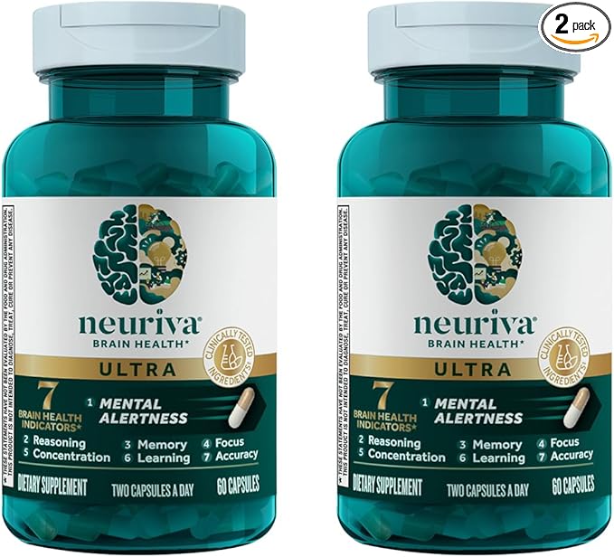 NEURIVA Ultra Decaf Clinically Tested Nootropic Brain Supplement for Mental Alertness, Memory, Focus & Concentration, Cognivive, Neurofactor, Phosphatidylserine, Vitamin B6 B12, 60 Caps (2 Pack)