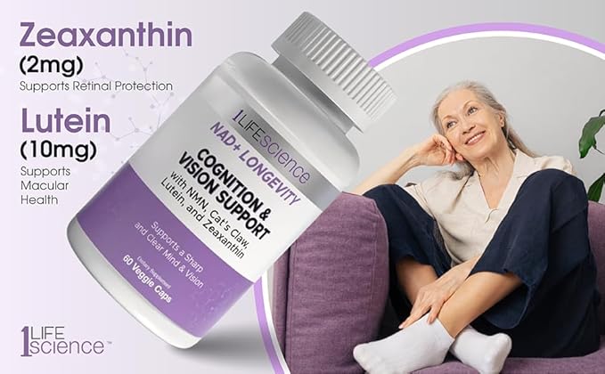 1LifeScience Cognition & Vision Support Supplement – NMN, Lion’s Mane, Cat’s Claw, Apigenin, PQQ & Lutein – NAD+ Support Formula – cGMP Made in USA – 60 Caps