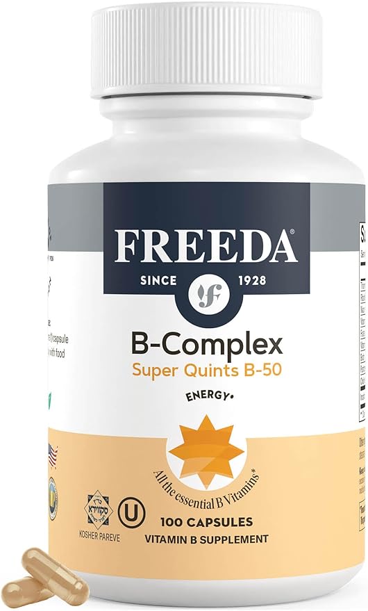 FREEDA Vitamin B-50 Complex – Super Quints B-Complex with B1 B2 B3 (Niacinamide) B5 B6, Biotin, Folate & B12 + Choline & Inositol – Vegan Capsules, 100 Count – Made in USA