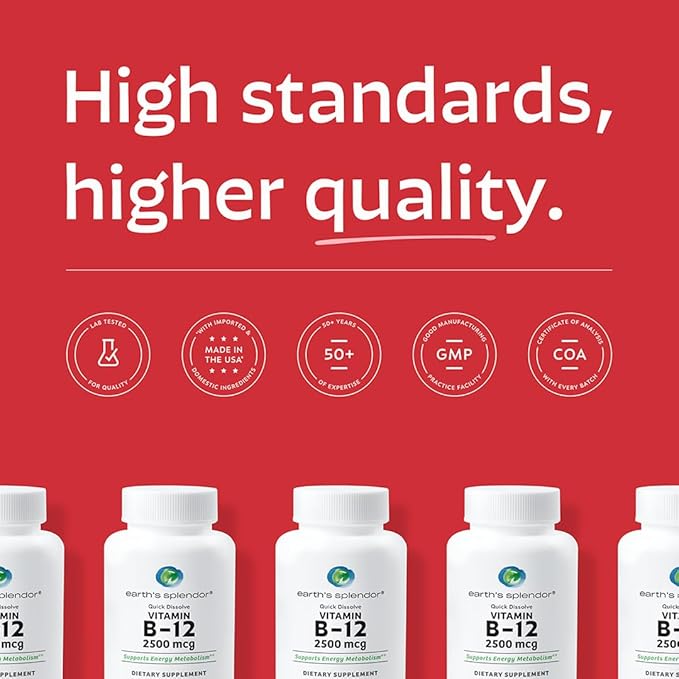 Earth's Splendor Quick Dissolve B12 2,500 mcg for Energy & Immune Support - Non-GMO, Vegan & Gluten-Free - Cherry Flavor- 90 Tablets