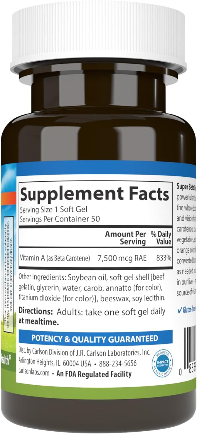 Carlson Laboratories Super Beta Carotene-25,000 IU (7,500 mcg RAE) 50 Softgel