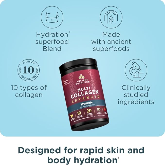 Ancient Nutrition Advanced Multi Collagen Protein Powder Hydrate, Mixed Berry, 30 Servings