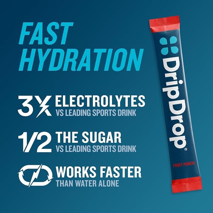 DripDrop Hydration Packets - Fruit Punch - Single Serve Electrolytes Powder Drink Mix - Non-GMO, Gluten Free, Vegan - 32 Sticks