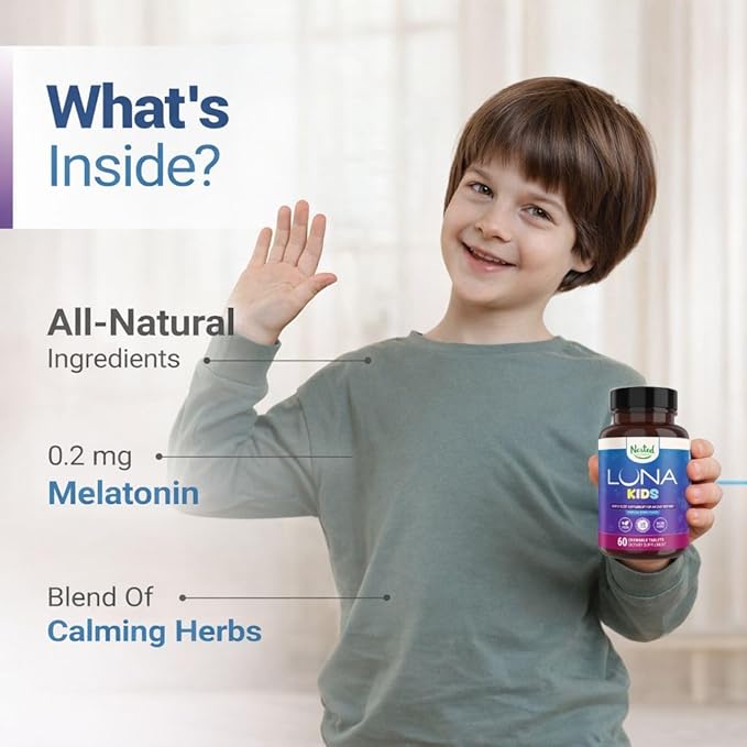 Nested Naturals Luna Kids Sugar-Free Sleep Aid Tablets for Children 4+ - Naturally Sourced Ingredients - Herbal Sleep Supplement with Chamomile, Melatonin, Valerian & Lemon Balm - 60 Chewable Tablets