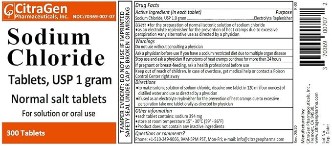 Sodium Chloride Tablets 1 gm, USP Normal Salt Tablets - 300 Tablets (1 Pack of 300 Tablets) by CitraGen Pharmaceuticals, Inc.