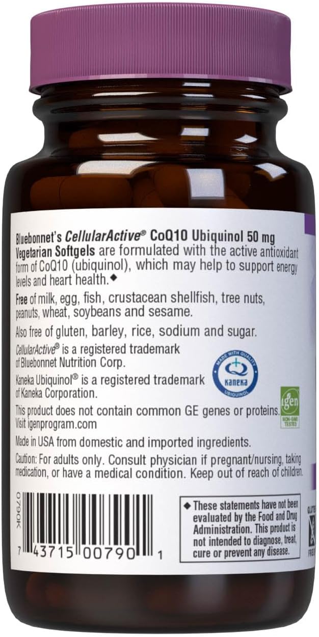 Bluebonnet Nutrition Cellular Active CoQ10 Ubiquinol 50 mg Vegetarian Softgels, Heart Health & Cellular Health, Ubiquinol from Kaneka, Non GMO, Gluten Free, Soy Free, Milk Free, 30 Vegetarian Softgels