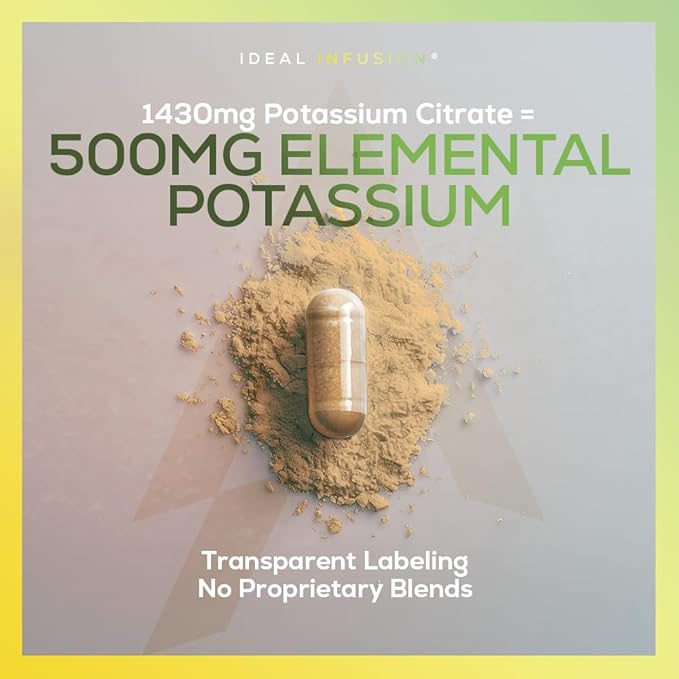 Potassium Citrate 1430mg - Heart & Kidney Health, Electrolyte Balance, Nerve Function - Elemental Potassium 500mg (240 Capsules) Vegan