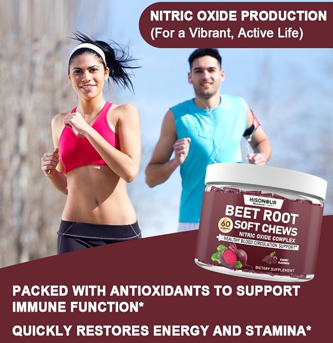 Beetroot Chews, Beet Root Soft Chews with Grape Seed, Pomegranate, Black Pepper, Vitamin C, B12, Nitric Oxide Supplement for Men & Women, Cherry Flavor, Sugar Free, 60 Chews